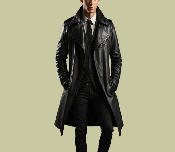 Trench nero in vera pelle fatto a mano Cappotto invernale da