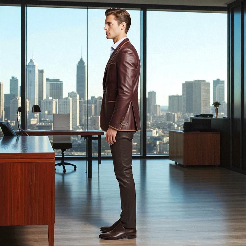 May include: A burgundy leather blazer with tan trim, paired with matching leather pants and brown dress shoes. The outfit is worn in a modern office setting with a city skyline visible through the large windows.