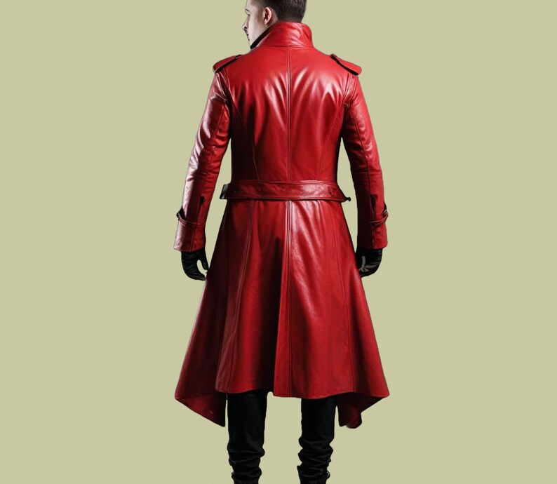 May include: A long red leather coat with a high collar and a belt. The coat has a long, flowing hemline and is made of a soft, supple leather.