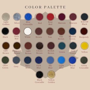 Peut inclure: Un nuancier de couleurs pr&eacute;sentant une vari&eacute;t&eacute; de couleurs, chacune affich&eacute;e dans un &eacute;chantillon circulaire. Le nuancier comprend des nuances comme le rouge, le bleu, le vert et le jaune, avec des &eacute;tiquettes telles que "Marron", "Bleu marine" et "Jaune dor&eacute;."