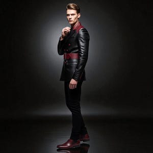 Peut inclure: Un blazer noir &agrave; texture crocodile, avec un col et une ceinture bordeaux, port&eacute; avec un pantalon noir et des chaussures bordeaux. L'ensemble est &eacute;l&eacute;gant et le design du blazer est saisissant.