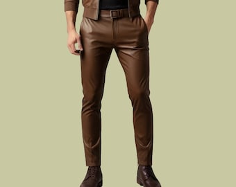 Handmade Brown Leather Pants: Slim Fit Biker Style