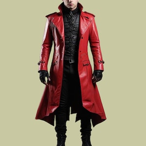 May include: A long red leather coat with a high collar and a double-breasted closure. The coat has a pointed hem and decorative buckles on the sleeves.