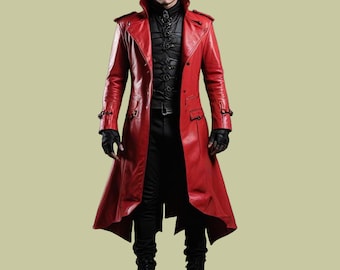 Handmade Red Leather Gothic Vampire Coat - Men's Winter Fashion