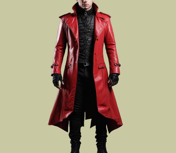 Handmade Red Leather Gothic Vampire Coat - Men's Winter Fashion
