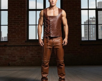 Handmade Brown Leather Vest & Pants Set: Biker, Festival, Cosplay