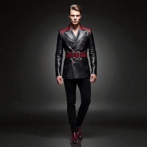 Peut inclure: Veste en cuir noir &agrave; texture crocodile, col et ceinture bordeaux. La veste est &agrave; double boutonnage et est associ&eacute;e &agrave; un pantalon noir et des bottines bordeaux. Le style est un m&eacute;lange de mode classique et moderne.