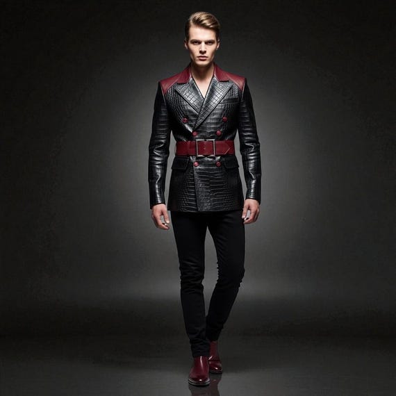 Mens Crocodile Embossed Leather Coat: Maroon Accent, Slim Fit Biker Jacket