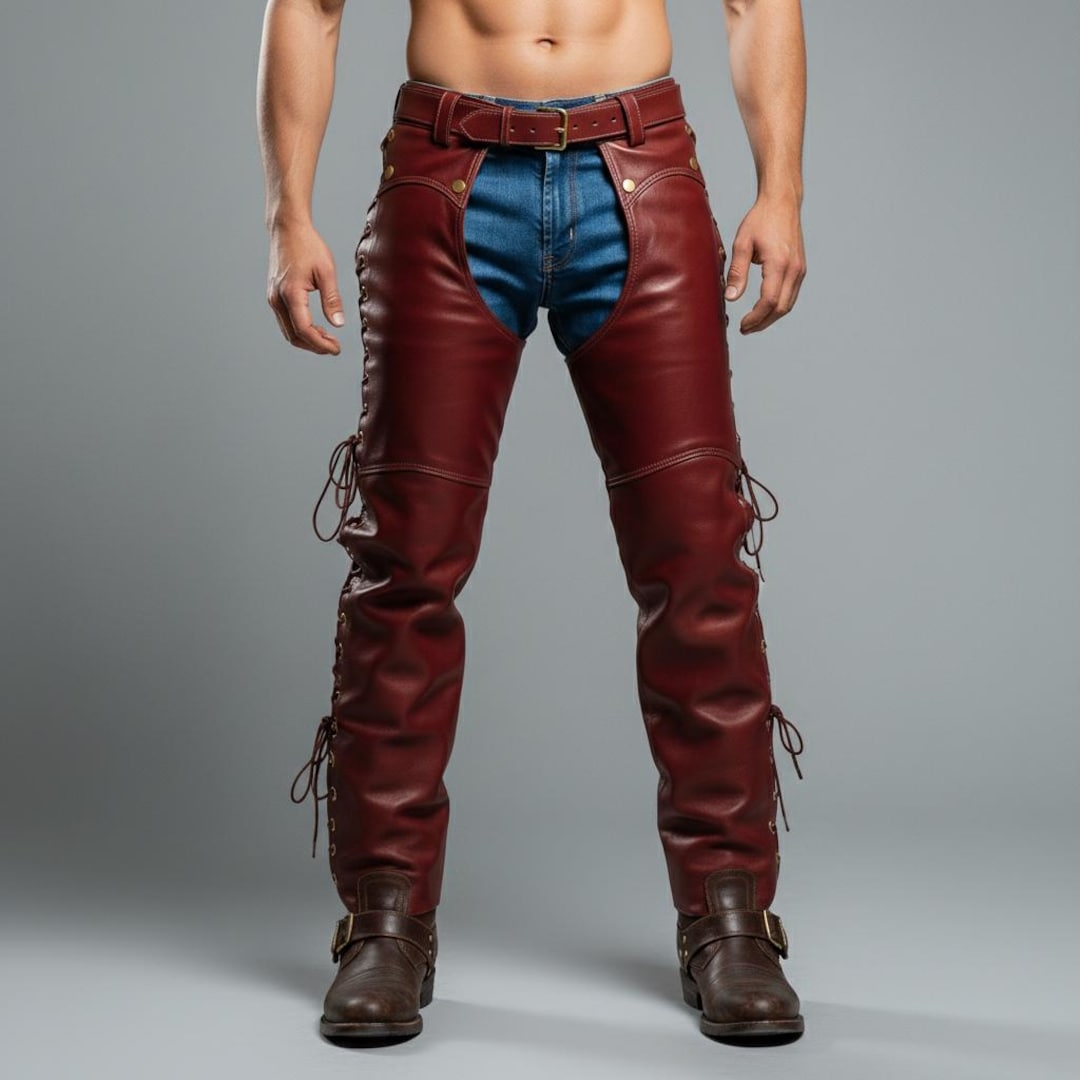 Burgundy Leather Chaps for Men – Western Lace up Cowboy Biker Leg Chaps ...
