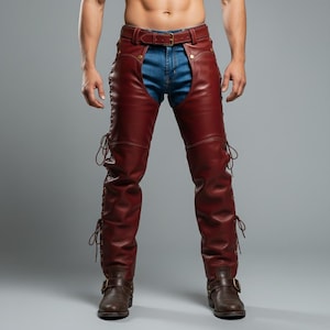 May include: Burgundy leather chaps with a belt and buckle closure, worn over blue denim jeans. The chaps feature lace-up detailing on the sides and are paired with brown leather boots. The overall style is rugged and Western-inspired.