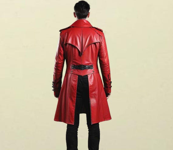 Handgefertigter Roter Mantel aus Echtleder: Herren Gothic