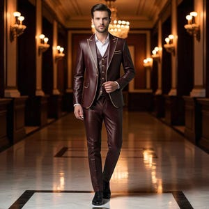 Pu&ograve; includere: Un completo in pelle bordeaux con finiture dorate, composto da giacca, gilet e pantaloni. L'abito &egrave; indossato sopra una camicia bianca. La persona si trova in un corridoio ben illuminato.