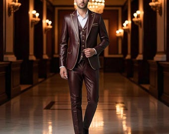 Burgundy Leather Suit: Handmade Slim Fit Blazer Vest Pants - Custom Tailored