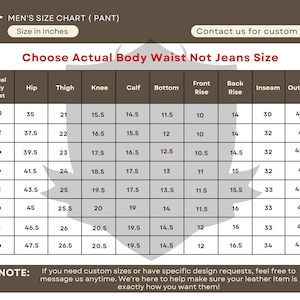 May include: A size chart for pants, with measurements in inches. The chart includes waist, hip, thigh, knee, calf, bottom, front rise, back rise, inseam, and outseam measurements. The text "Choose Actual Body Waist Not Jeans Size" is at the top.