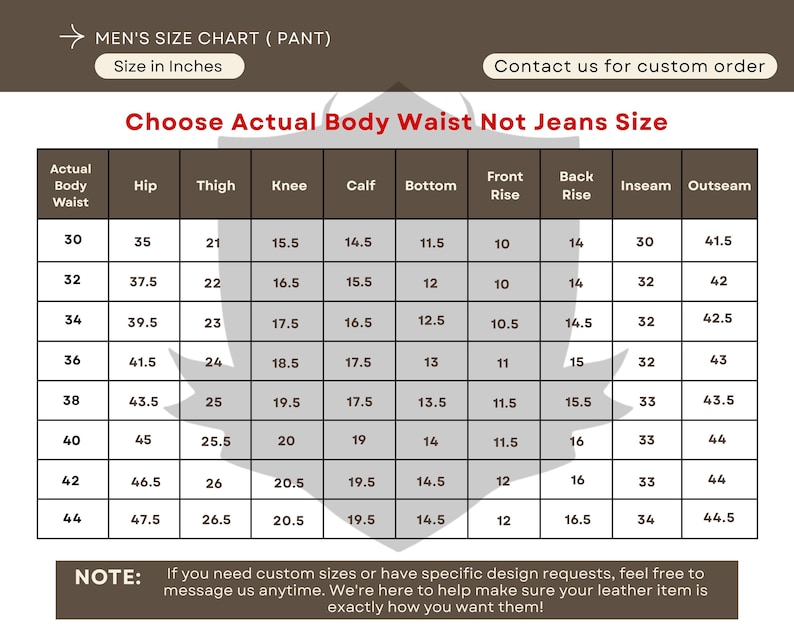 May include: A size chart for pants, with measurements in inches. The chart includes waist, hip, thigh, knee, calf, bottom, front rise, back rise, inseam, and outseam measurements. The text "Choose Actual Body Waist Not Jeans Size" is at the top.