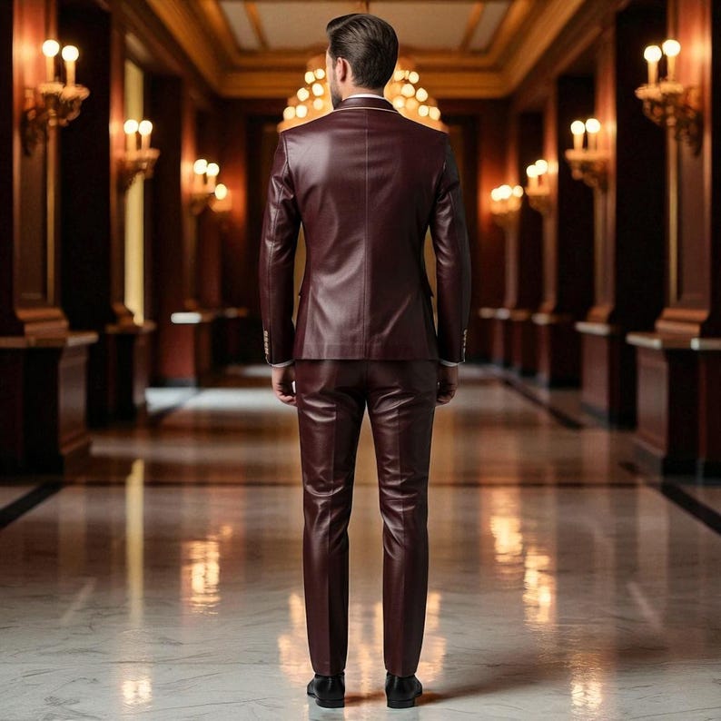 Pu&ograve; includere: Un completo in pelle bordeaux, composto da giacca e pantaloni, &egrave; mostrato da dietro. L'abito ha una vestibilit&agrave; sartoriale ed &egrave; indossato con una camicia bianca. L'ambientazione &egrave; una grande sala con illuminazione ornata e pavimento in marmo.