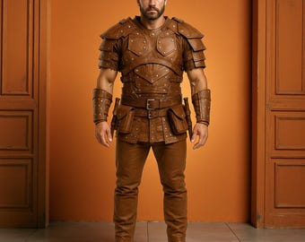 Traje de guerreiro de couro feito à mão com calças: fantasia de cosplay para LARP