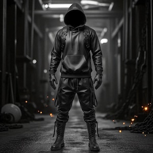 May include: A person wearing a black leather hoodie with a large front pocket, matching pants with cargo pockets, gloves, and lace-up boots. The person is standing in a dark, industrial-looking corridor.