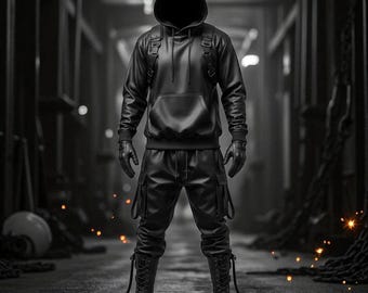 Conjunto de sudadera con capucha y pantalones cargo de cuero negro a medida: estilo gótico motero