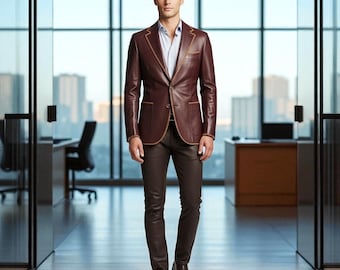 Handmade Maroon Leather Blazer Suit: Slim Fit Formal Wear