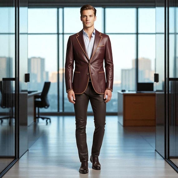 Handmade Maroon Leather Blazer Suit: Slim Fit Formal Wear