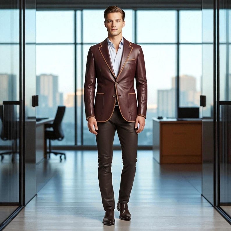 May include: A burgundy leather blazer with tan trim, paired with matching brown leather pants and dress shoes. The blazer has a two-button closure and a notched lapel. The outfit is worn with a light blue dress shirt. The background shows an office setting.