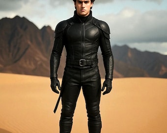 May include: A person wearing a black leather outfit with a high collar, shoulder pads, and a belt. The outfit includes a jacket, pants, gloves, and boots. The person is standing in a desert landscape with mountains in the background.