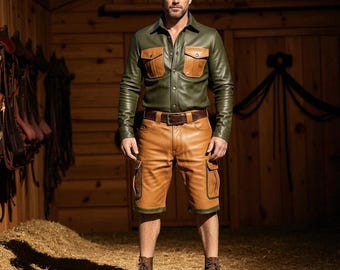 Handmade Olive & Tan Leather Outfit | Men's Western Shirt and Cargo Shorts