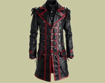 Handmade Black Leather Trench Coat: Gothic Style Men's Coat
