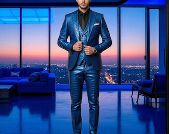 Handmade Blue Crocodile Leather Suit: Custom 3-Piece Blazer Set