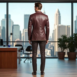 May include: A burgundy leather blazer and matching pants. The blazer has a tailored fit with a notched lapel and button closure. The pants are a slim fit. The outfit is worn with brown leather shoes. The background shows a city skyline.