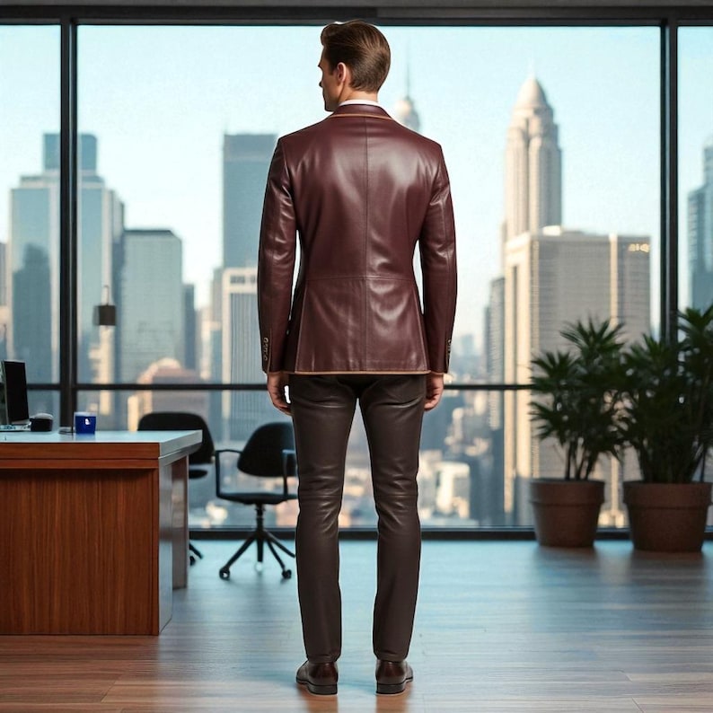 May include: A burgundy leather blazer and matching pants. The blazer has a tailored fit with a notched lapel and button closure. The pants are a slim fit. The outfit is worn with brown leather shoes. The background shows a city skyline.
