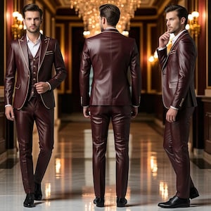Pu&ograve; includere: Un completo in pelle bordeaux a tre pezzi con finiture dorate. Il completo comprende una giacca, un gilet e pantaloni. La giacca ha un risvolto a lancia e il gilet ha un'abbottonatura frontale. I pantaloni sono su misura. Il completo &egrave; indossato con una camicia bianca e scarpe nere.