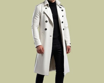 Mens Soft Leather Trench Coat: Handmade White Winter Coat