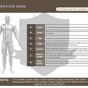 Peut inclure: Un guide des tailles pour hommes avec un sch&eacute;ma d'une silhouette humaine et des points de mesure &eacute;tiquet&eacute;s de A &agrave; G. Des instructions textuelles expliquent comment mesurer la poitrine, la taille, les hanches, la cuisse, l'entrejambe, la longueur des manches et le dos.