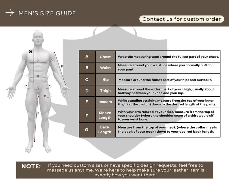 Peut inclure: Un guide des tailles pour hommes avec un sch&eacute;ma d'une silhouette humaine et des points de mesure &eacute;tiquet&eacute;s de A &agrave; G. Des instructions textuelles expliquent comment mesurer la poitrine, la taille, les hanches, la cuisse, l'entrejambe, la longueur des manches et le dos.