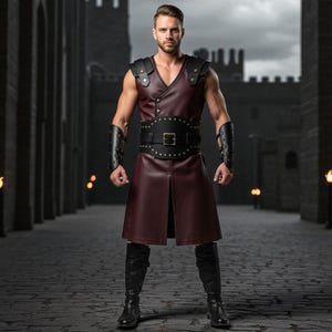 Gladiator Leather Kilt Armor: Maroon & Black Warrior Vest - Renaissance Cosplay