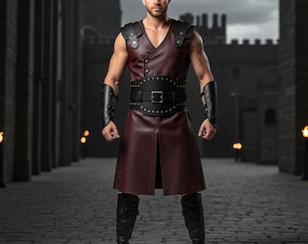 Gladiator Leather Kilt Armor: Maroon & Black Warrior Vest - Renaissance Cosplay