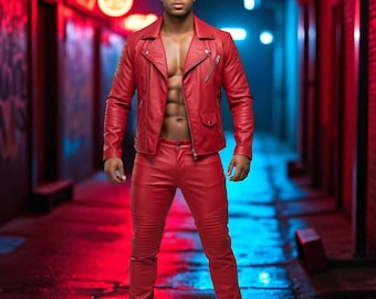 Handmade Red Leather Biker Outfit: Custom Fit Jacket & Pants