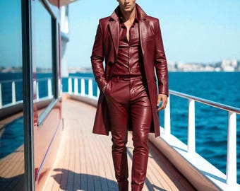 Handmade Maroon Leather Outfit: Tailored Coat, Shirt & Pants