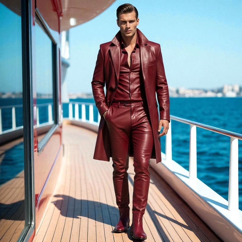 May include: A burgundy leather outfit consisting of a long coat, button-down shirt, and fitted pants. The ensemble is worn with matching burgundy boots. The outfit is worn on a wooden deck with a blue ocean and sky in the background.