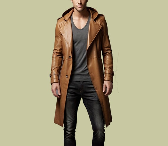 Handgefertigter Duster Mantel aus braunem Leder mit Kapuze