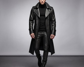 Handmade Black Leather Trench Coat: Genuine Classic Winter Coat