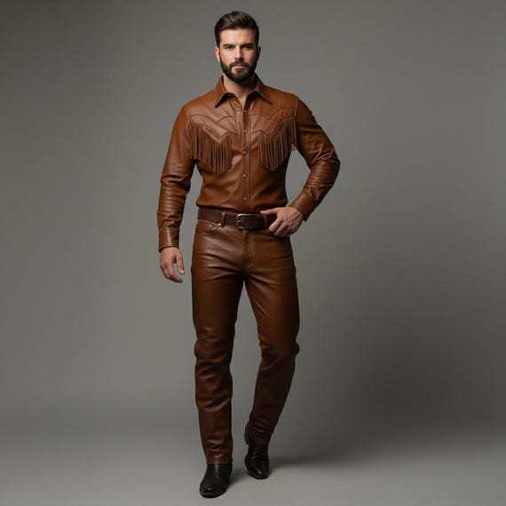 western cut dress pants Men's Brown Leather Shirt & Fringe Outfit Boot cut Size:35 cm (14 inches) sizechart_roseline-crochet-dress Spring Dresses for Women and a bootcut leg