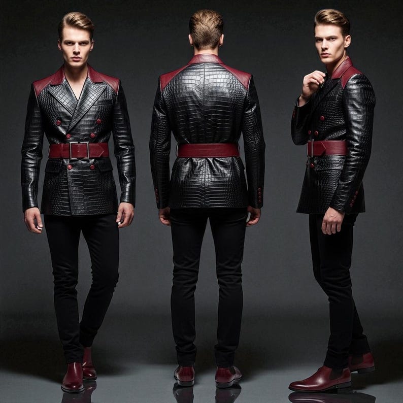 Peut inclure: Veste en cuir noir &agrave; texture crocodile, avec des empi&egrave;cements bordeaux aux &eacute;paules et une ceinture assortie. La veste crois&eacute;e est port&eacute;e avec un pantalon noir et des chaussures bordeaux.