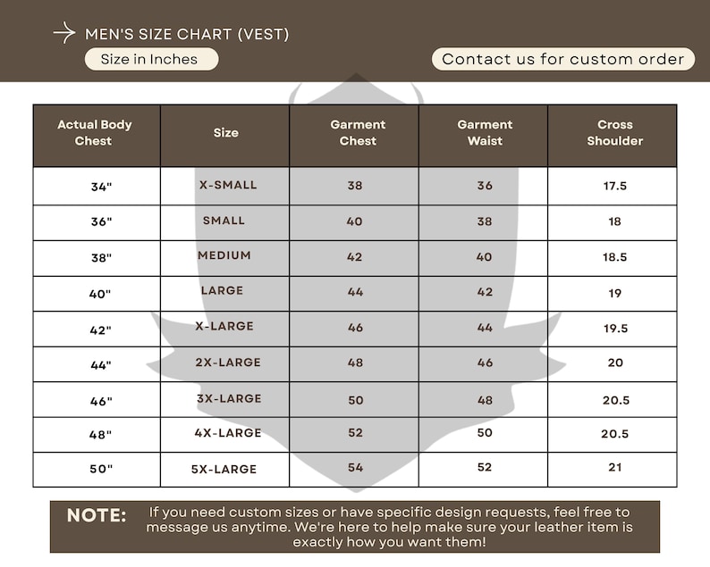Pu&ograve; includere: Una tabella delle taglie per gilet, intitolata "MEN'S SIZE CHART (VEST)", con misure in pollici. La tabella mostra taglie da X-Small a 5X-Large, dettagliando le misure di petto, vita e spalle. &Egrave; presente anche il testo "Contattaci per ordini personalizzati".