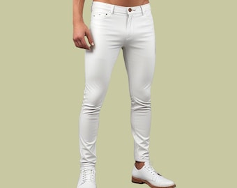 Handmade White Leather Pants: Men's Slim Fit Biker Jeans