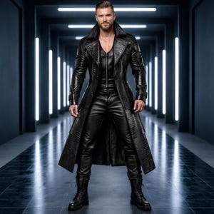 May include: A black leather trench coat with a crocodile skin effect. The coat features a wide collar and is worn with a matching leather vest and trousers. The outfit is completed with black boots.