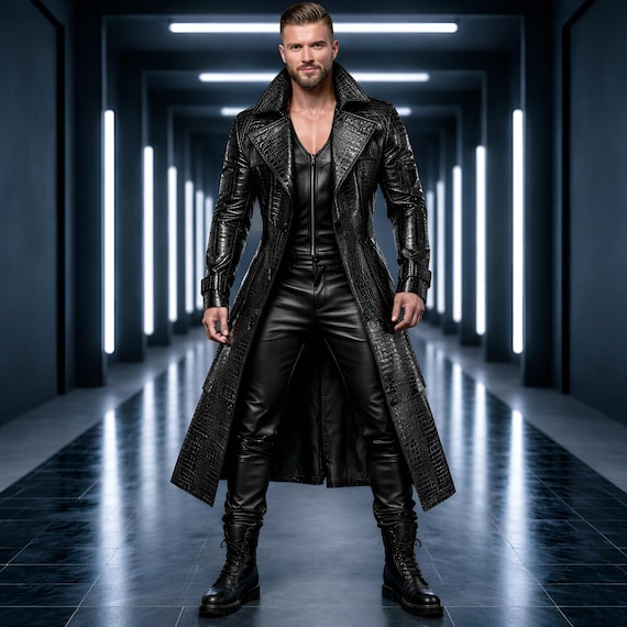 Men's Black Crocodile Leather Trench Coat Set, Gothic Luxury Suit Outfit