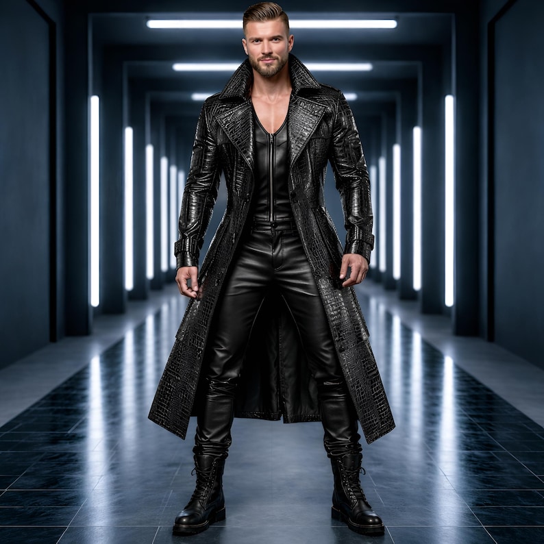 May include: A black leather trench coat with a crocodile skin effect. The coat features a wide collar and is worn with a matching leather vest and trousers. The outfit is completed with black boots.